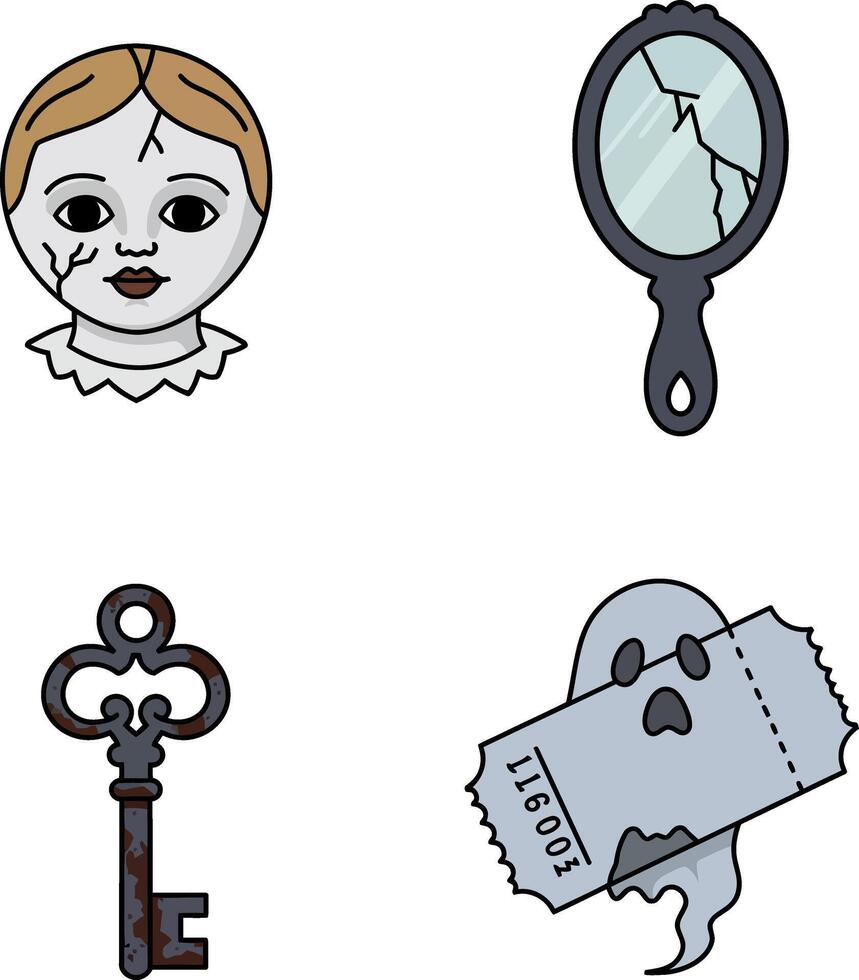 Vintage creepy doll cracked mirror old key ghost ticket spooky Halloween illustration vector