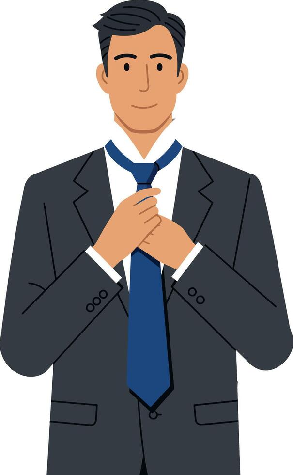 Man wearing dark suit adjusting blue tie formal attire illustration vector