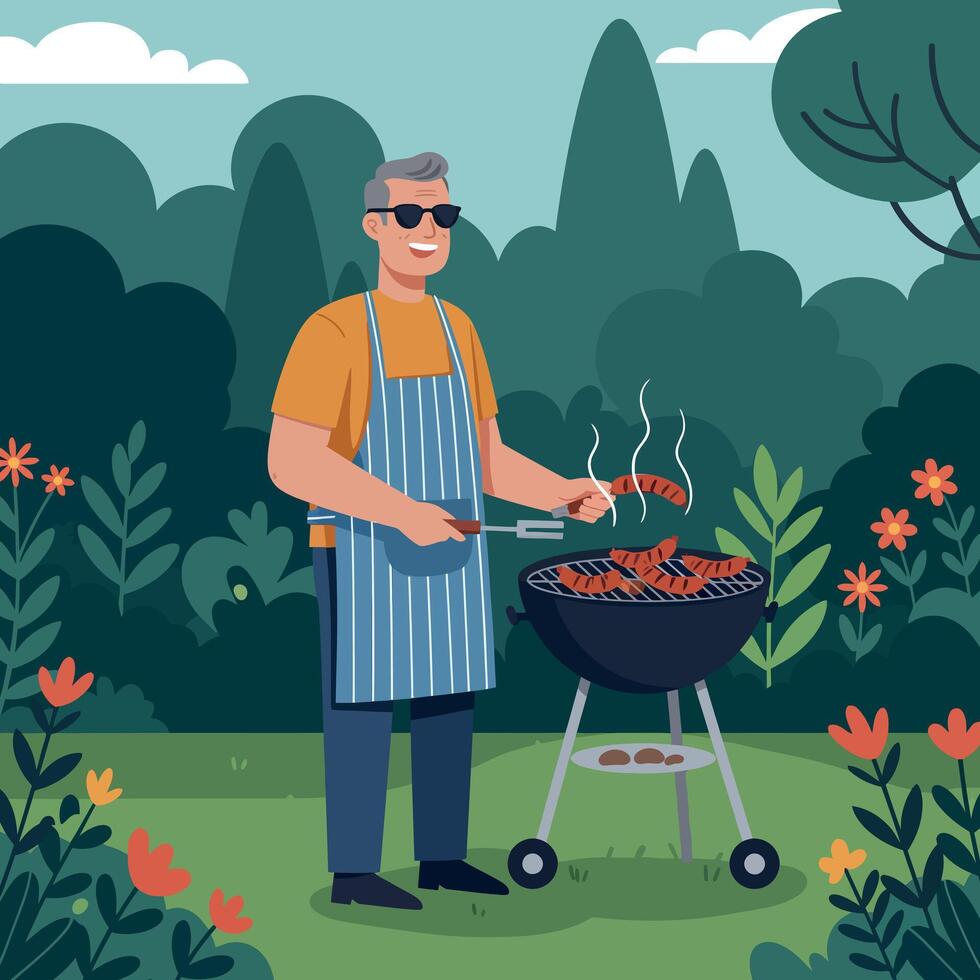 Man Wearing Apron Grilling Meat Outdoors in Garden on Sunny Day Illustration vector