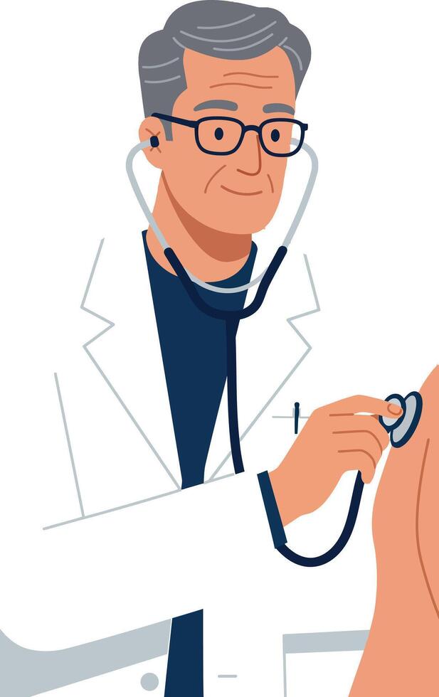 Male doctor using stethoscope to examine patient illustration in medical setting vector