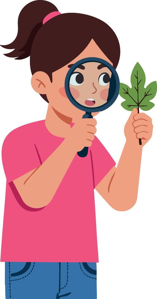 Girl examining green leaf with magnifying glass educational exploration illustration vector