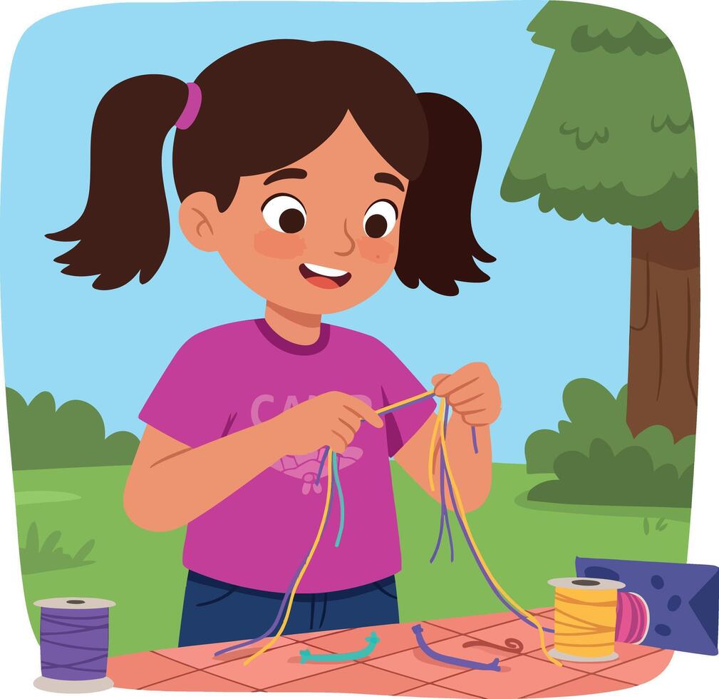 Girl making friendship bracelets with colorful threads outdoor in summer illustration vector