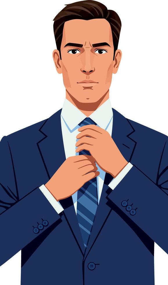 Professional businessman adjusting tie in navy blue suit illustration portrait vector