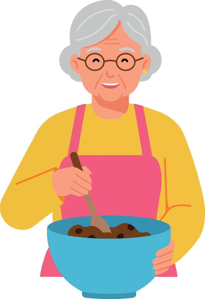 Elderly woman stirring food in blue bowl with pink apron yellow sweater illustration vector