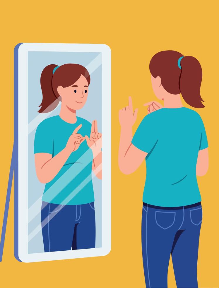Young woman practicing sign language in front of mirror with blue shirt and ponytail hairstyle vector