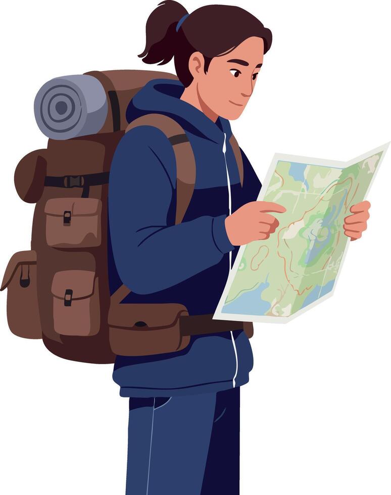 Female hiker with backpack reading map outdoors in casual clothing illustration vector