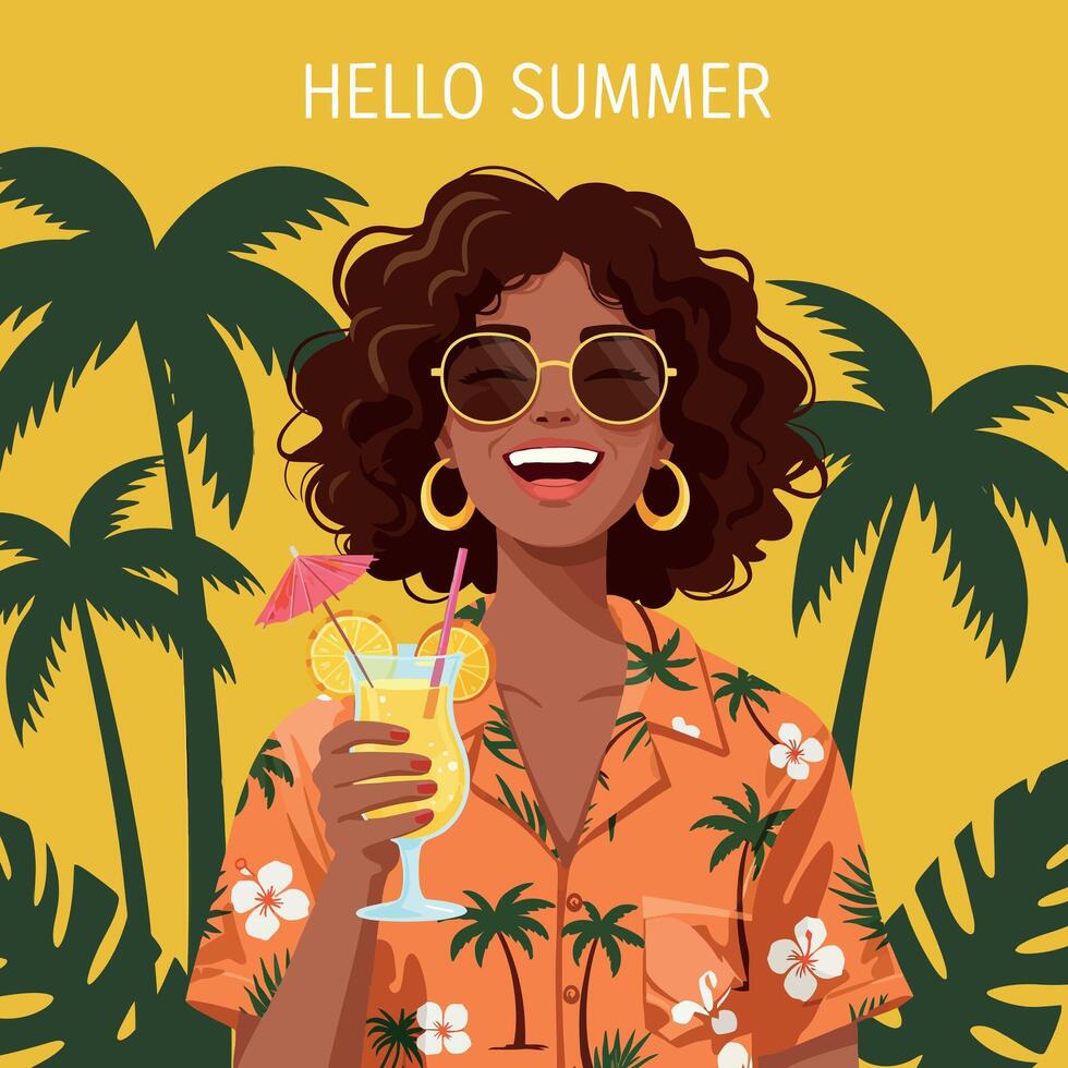 Woman enjoying summer cocktail with palm trees tropical theme and yellow background vector