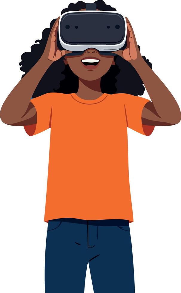 Girl wearing virtual reality headset enjoying immersive digital experience in casual outfit vector