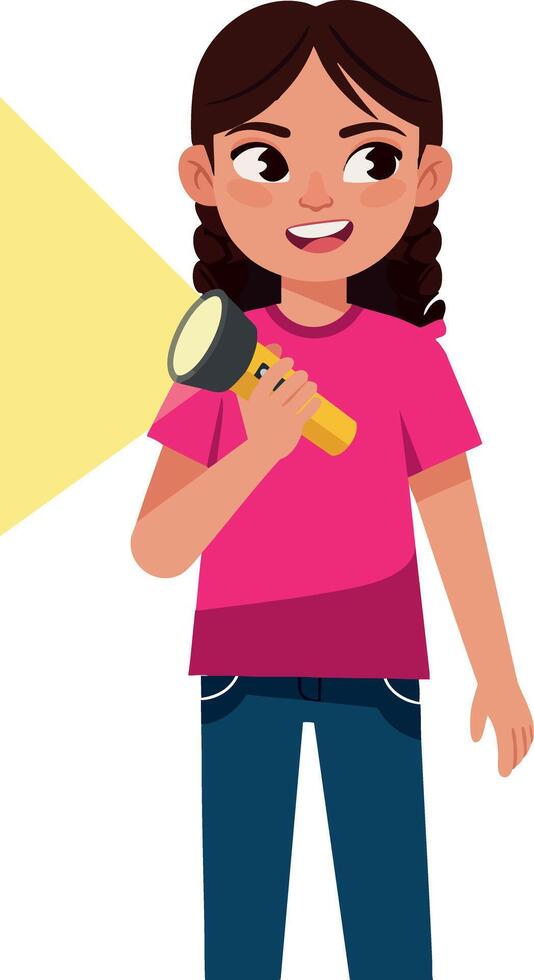 Girl holding flashlight shining light illustration in casual clothes and dark hair vector