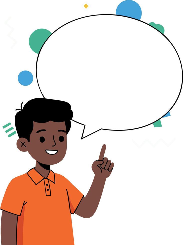 Boy in orange shirt pointing with speech bubble and colorful circles background illustration vector