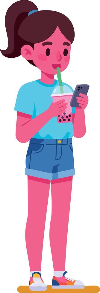 Young girl drinking bubble tea and using smartphone casual summer outfit illustration vector