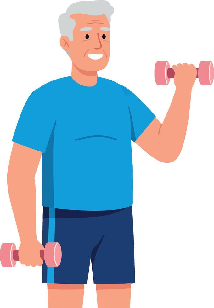 Senior man lifting pink dumbbells exercising in blue workout clothes illustration vector