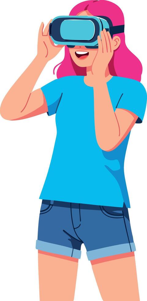 Girl wearing virtual reality headset enjoying immersive experience with pink hair and blue clothing vector