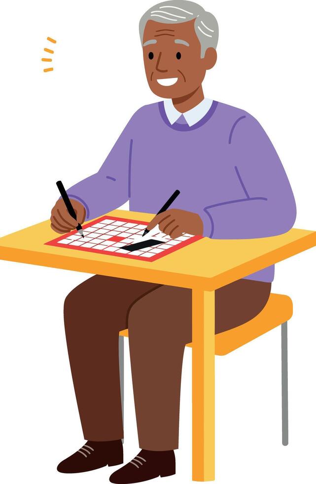 Elderly man solving puzzle at desk with pen in hand illustration vector