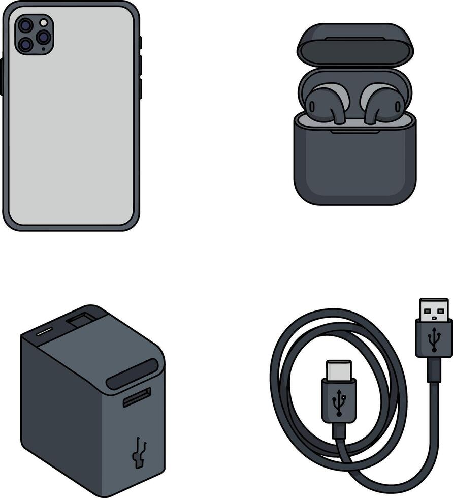 Smartphone wireless earbuds charger and USB cable electronic device illustration vector