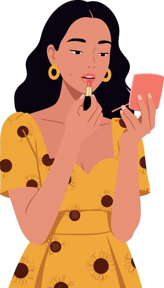 Woman applying lipstick with mirror in yellow polka dot dress illustration vector