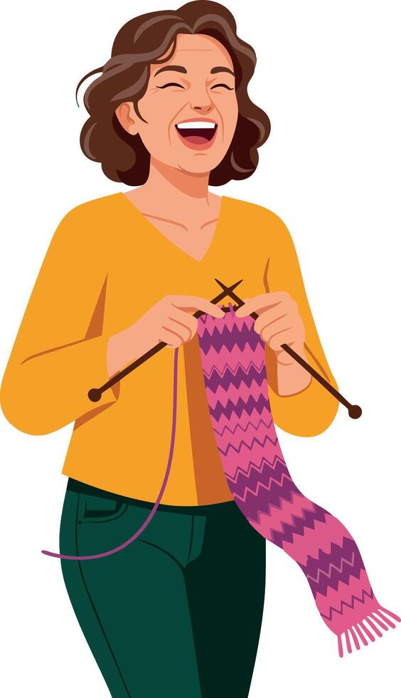 Woman knitting pink scarf with purple zigzag pattern in yellow sweater illustration vector