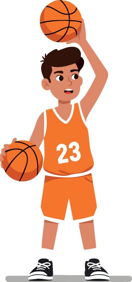 Boy playing basketball in orange sportswear holding two balls illustration vector