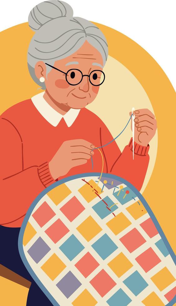 Elderly woman sewing colorful patchwork quilt in cozy indoor setting illustration vector