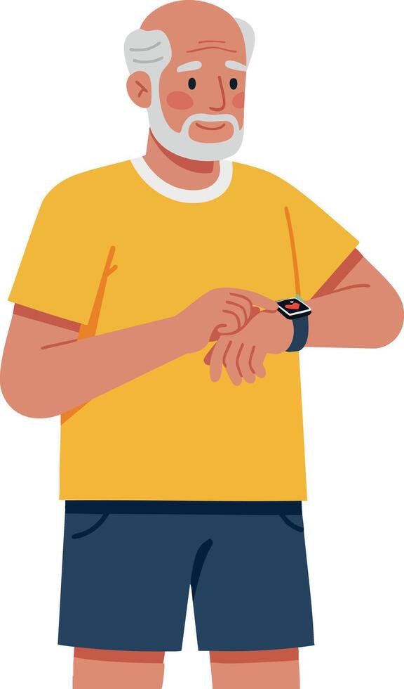 Elderly man checking smartwatch fitness tracking in casual summer outfit illustration vector