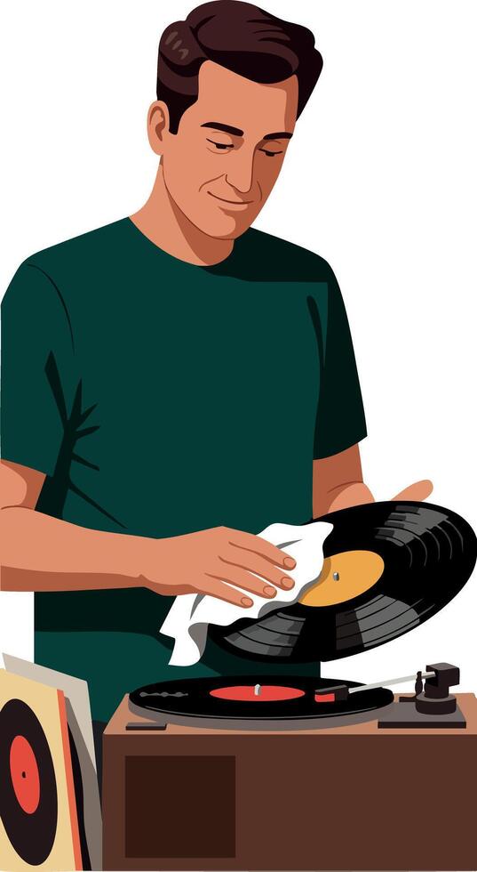 Man Cleaning Vinyl Record Player with Retro Style and Green Shirt Illustration vector