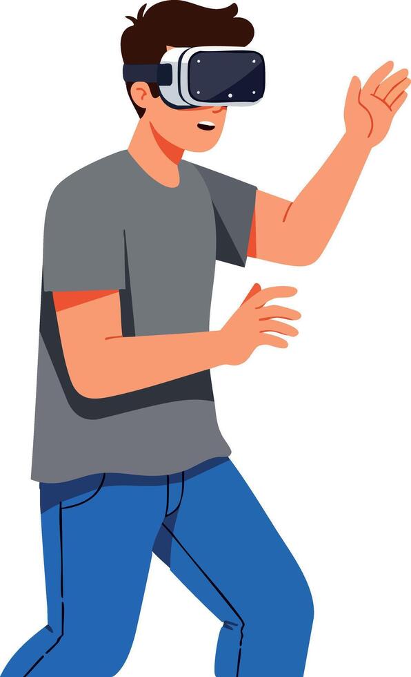Young man using virtual reality headset in casual clothing playing VR game illustration vector