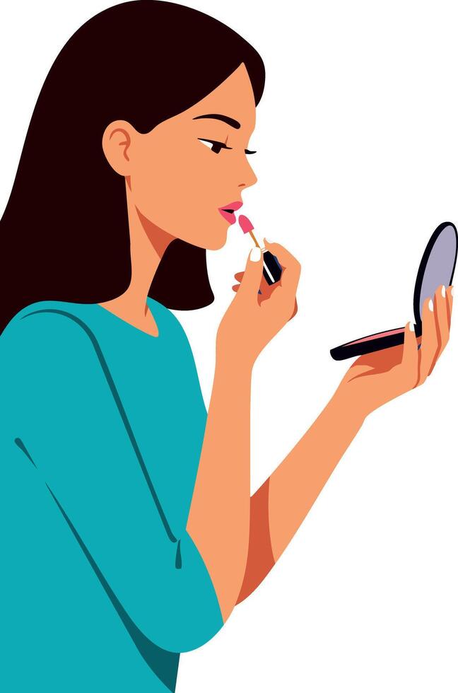 Woman Applying Lipstick Using Handheld Mirror Personal Care and Beauty Routine Illustration vector