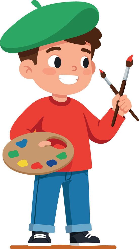 Boy holding paint brushes and colorful palette creative art activity illustration vector