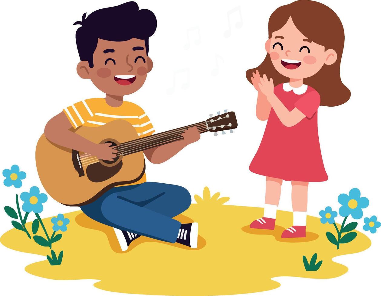 Children enjoying outdoor music playing guitar and clapping hands in garden setting vector