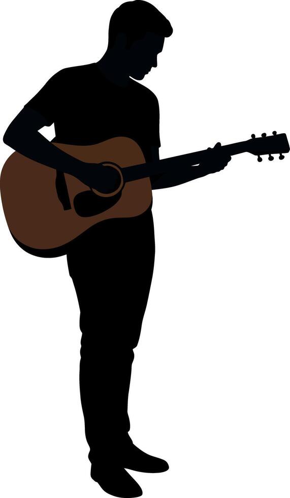 Silhouette of Man Playing Acoustic Guitar in Standing Position Illustration vector