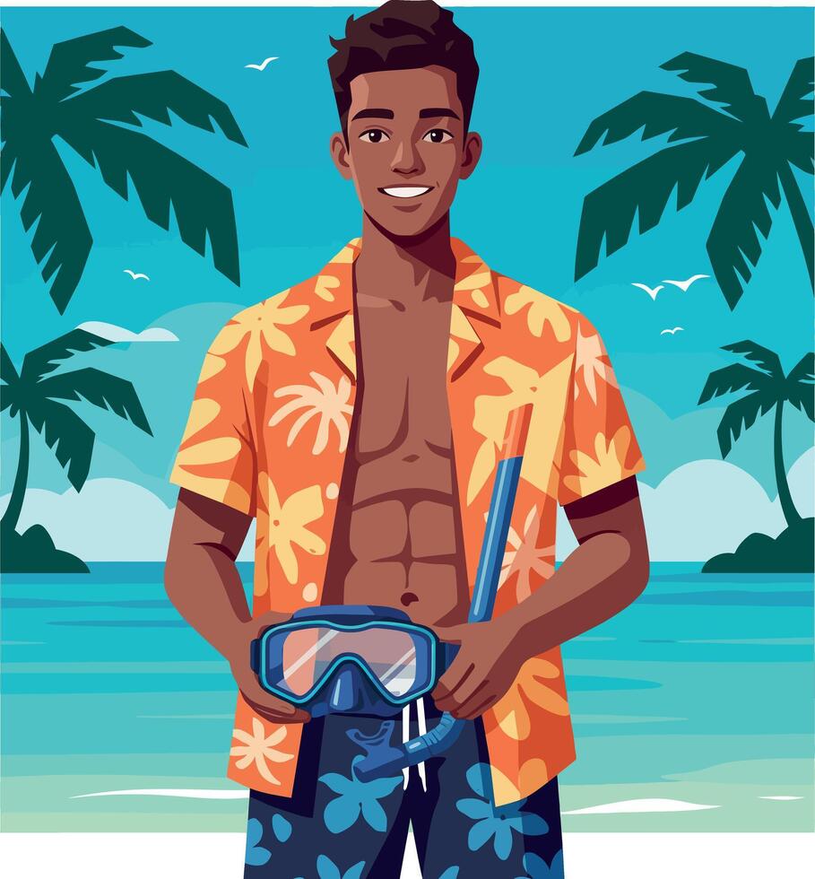 Young man in tropical shirt holding snorkel and mask on beach with palm trees illustration vector