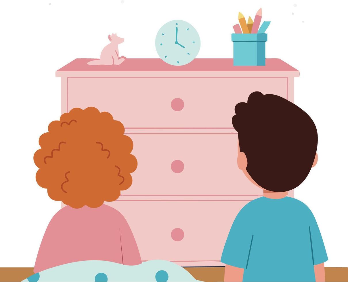 Children watching clock on pink dresser with stationery and toy in bedroom illustration vector