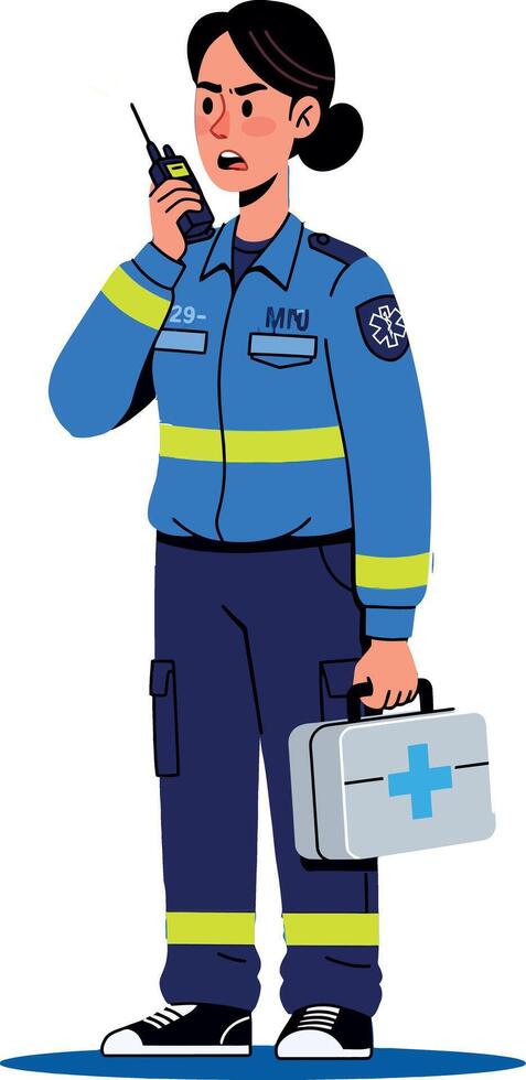 Female Paramedic Wearing Blue Uniform Holding First Aid Kit and Radio Illustration vector
