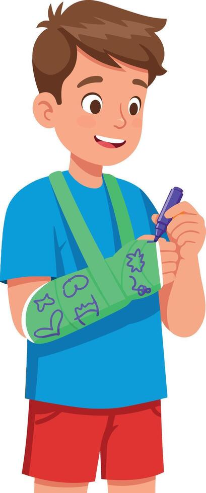 Boy with green arm cast drawing on cast with purple marker cheerful illustration vector