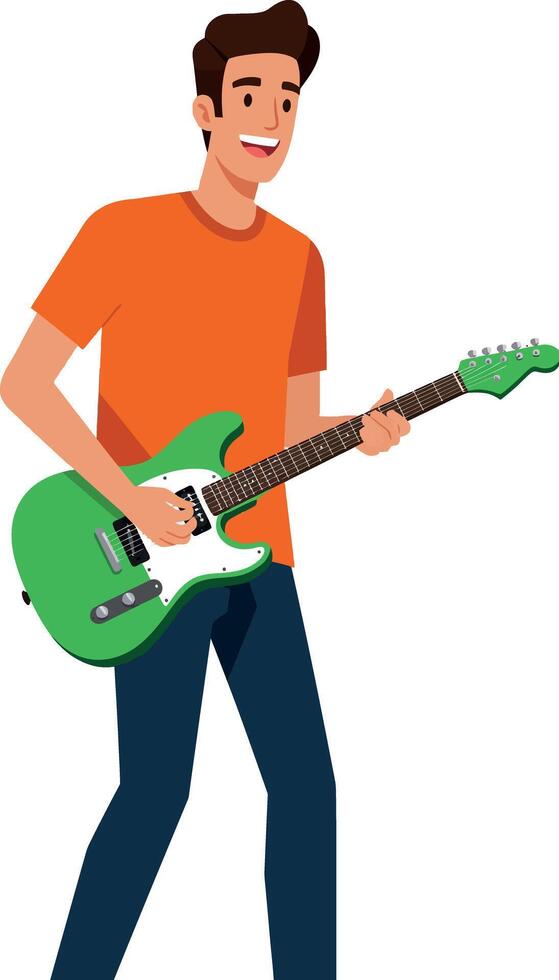 Young man playing green electric guitar casual style illustration vector