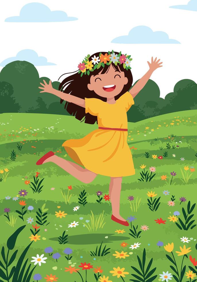Happy girl dancing in flower meadow with floral wreath on head illustration vector