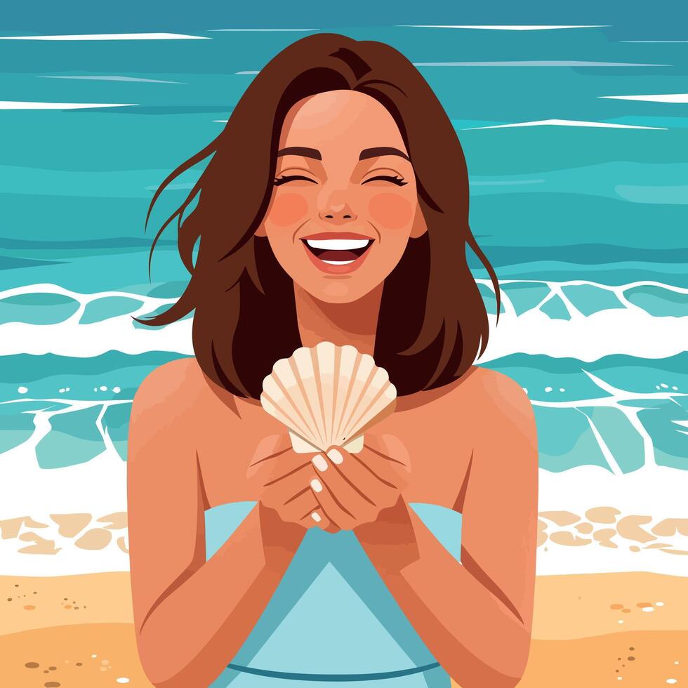 Woman holding seashell on beach smiling with ocean waves background illustration vector