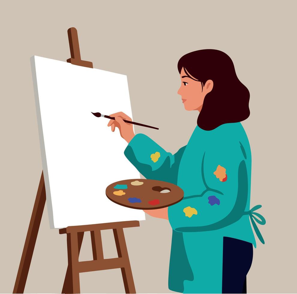 Woman artist painting on canvas with palette and brush in painting studio illustration vector