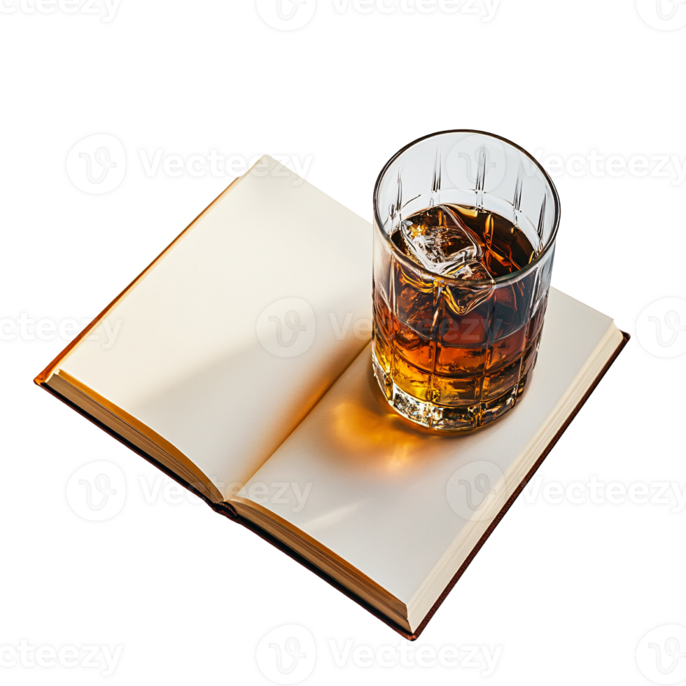 Whiskey glass with ice cubes on open book, concept of relaxation, reading, and leisure time on transparent background png