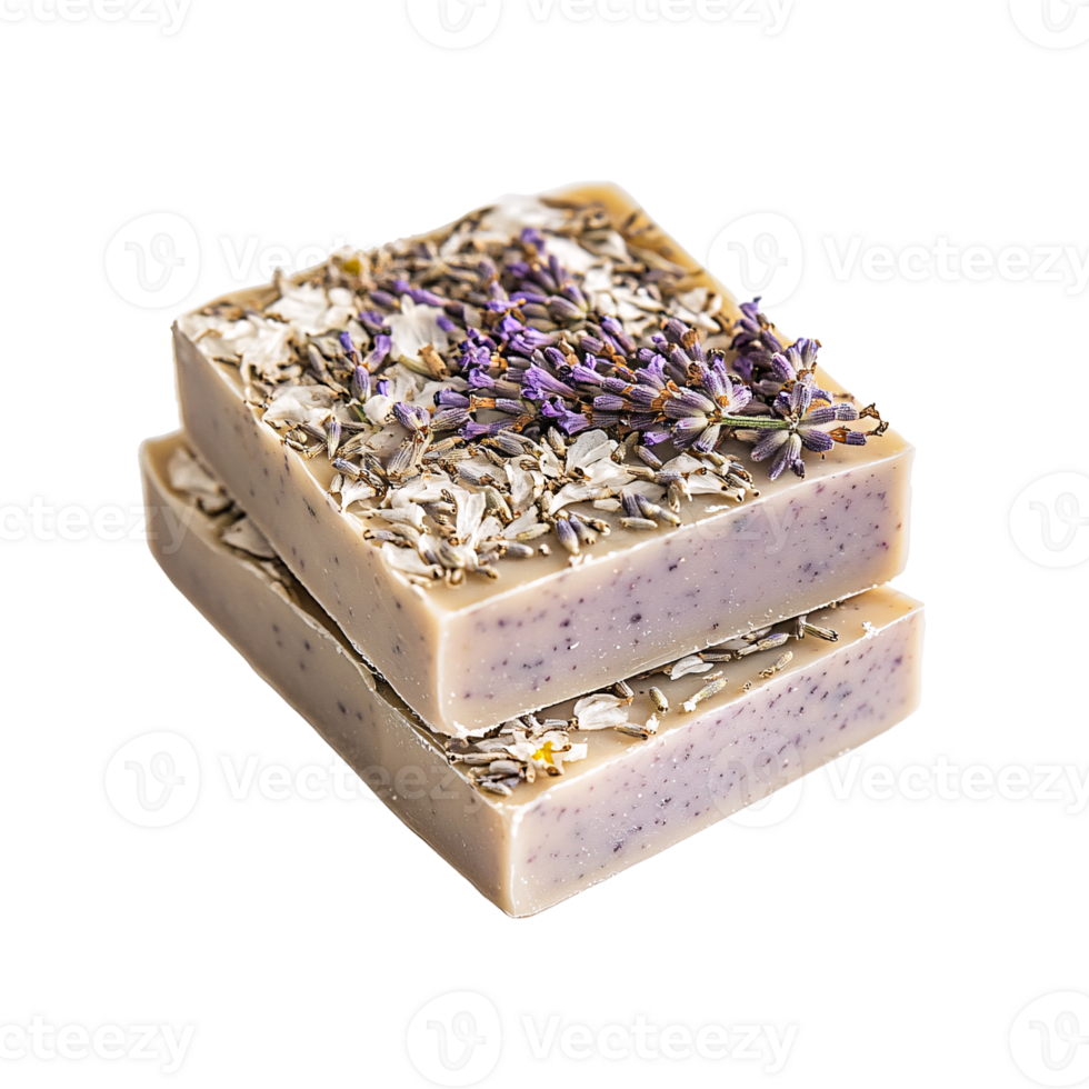 Two bars of handmade lavender soap with dried flowers on a transparent background Concept of aromatherapy, natural skincare, and spa treatments for relaxation png