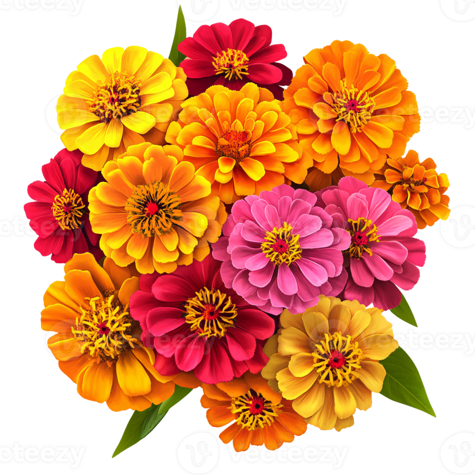 Vibrant Zinnia Flower Bouquet on Transparent Background, featuring a colorful mix of red, pink, yellow, and orange blooms, perfect for floral designs and spring themes png