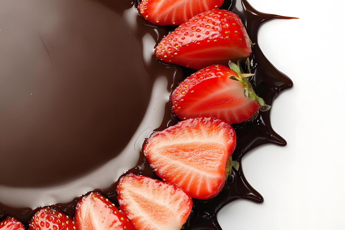 Delicious chocolate dessert garnished with fresh sliced strawberries, creating an inviting and appetizing presentation for dessert lovers and culinary enthusiasts. photo