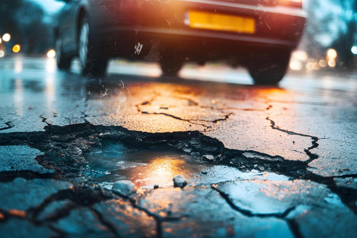 Close-Up of a Pothole on a City Street with Reflection of Car Lights at Dusk, Highlighting Urban Infrastructure Challenges and Road Hazards photo