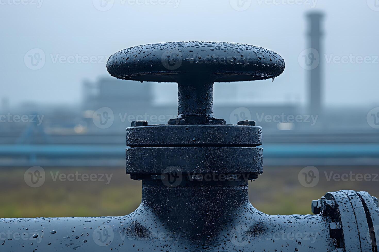 Industrial Valve and Pipe with Rain Drops in a Foggy Environment Showcasing Machinery and Processing Facility Background in an Overcast Atmosphere photo
