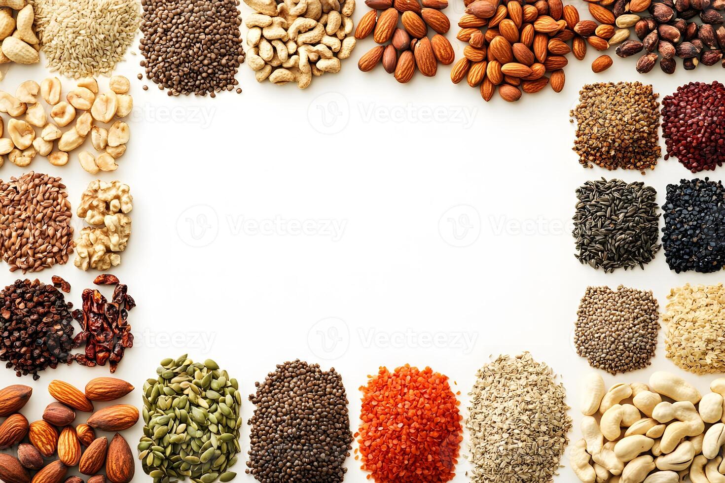Colorful and Diverse Collection of Unprocessed Natural Seeds and Nuts Displayed on White Background Creating a Visually Appealing Frame for Healthy Eating Concepts photo