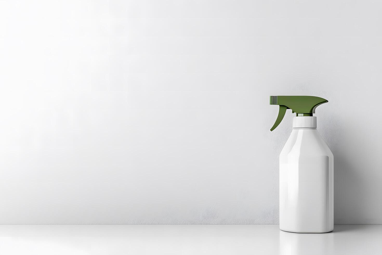Minimalistic View of a White Spray Bottle with Green Nozzle on a Clean Surface Against a Plain Wall, Perfect for Disinfecting and Cleaning Applications photo