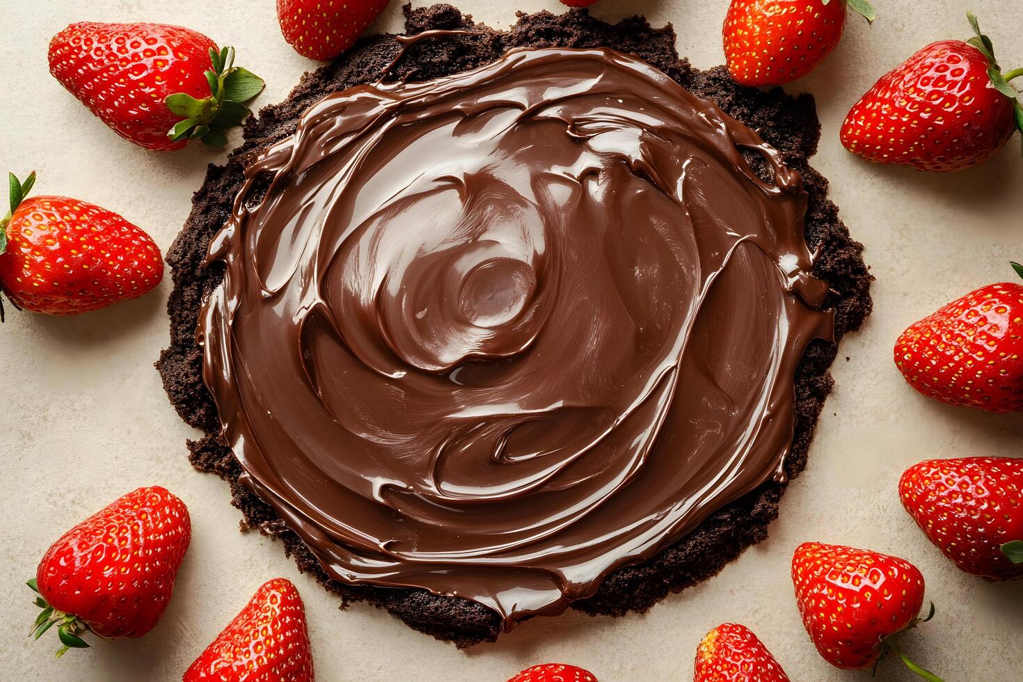 Rich Chocolate Spread on a Dark Cocoa Base Surrounded by Fresh Red Strawberries, Perfect for Dessert or Culinary Inspiration photo