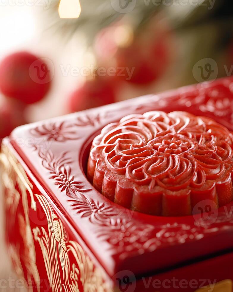 Elegant Red Mooncake Box with Floral Design for Lunar New Year Celebration, Traditional Asian Culture, Festive Season, Gourmet Treats, and Family Gatherings photo