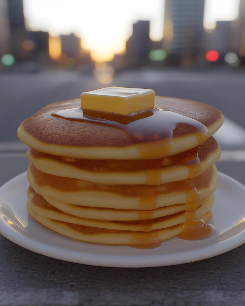 A Delicious Stack of Fluffy Pancakes with Butter and Maple Syrup Against a Soft Sunset Background in an Urban Setting photo