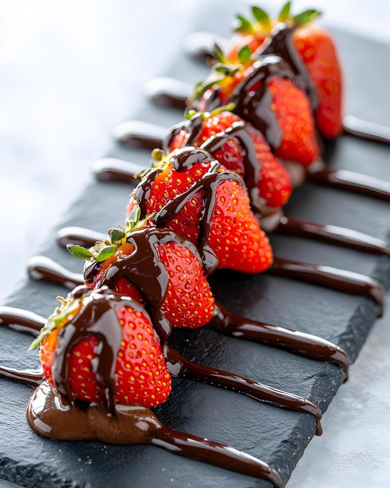 Fresh Strawberries Drizzled with Rich Chocolate on a Slate Board. A Tempting Dessert Presentation for Culinary Inspiration and Gourmet Delights photo